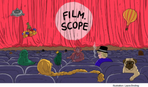 A drawn colorful image of a cinema with characters from Potsdams history sitting in the seats. The title FILM.SCOPE on the curtain.