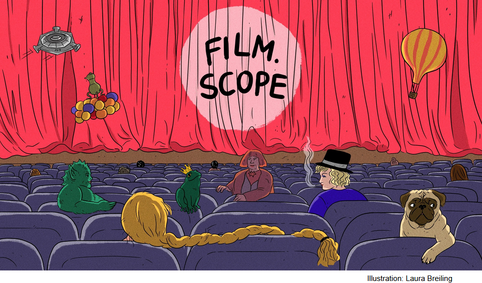 A drawn colorful image of a cinema with characters from Potsdams history sitting in the seats. The title FILM.SCOPE on the curtain.